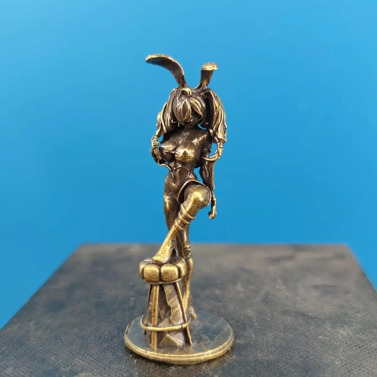 Brass Adorable Kneeling Bunny Maiden Figurine- Mini Decorative Collectible Home Shelf Desk Ornament