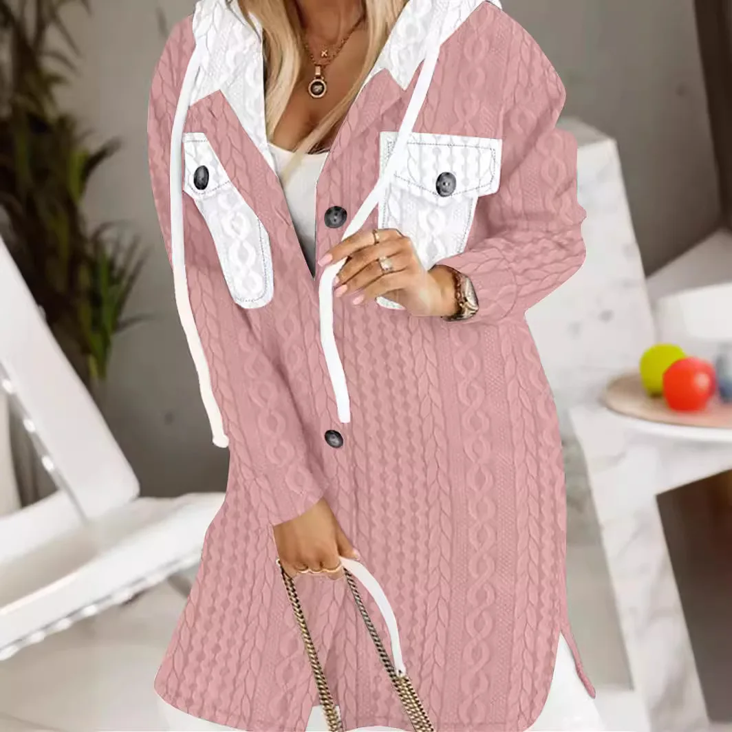 Hooded Long Sleeve Single Breasted Women Hoodies Pockets Loose Fit Sweatshirts Slight Strech Spliced 2024 Winter Casual