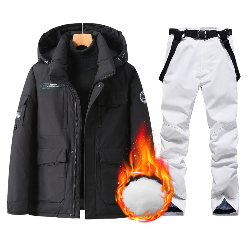 Men's Ski Suit Outdoor Warm Waterproof Snowboard Down Jacket Pants Winter Snow Wear Set for Husbands Male Sports Skiing Hooded