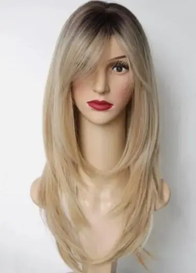 Synthetic Wigs for Women Ombre Brown Blonde Wigs with Bangs Layered Wig +wig cap