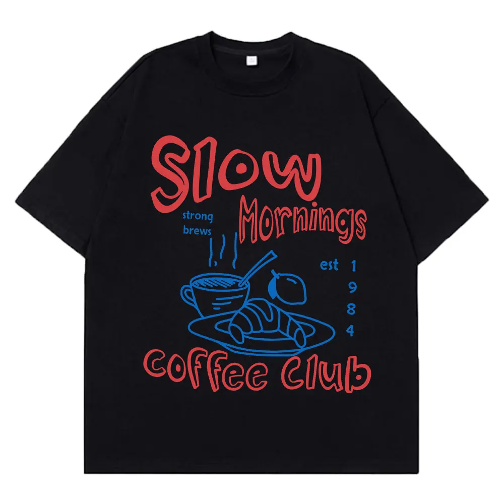 Slow Mornings Graphic T-shirts Trendy Coffee Club T-shirt Retro Coffee and Croissant T Shirt Breakfast Club Cotton Casual Tees