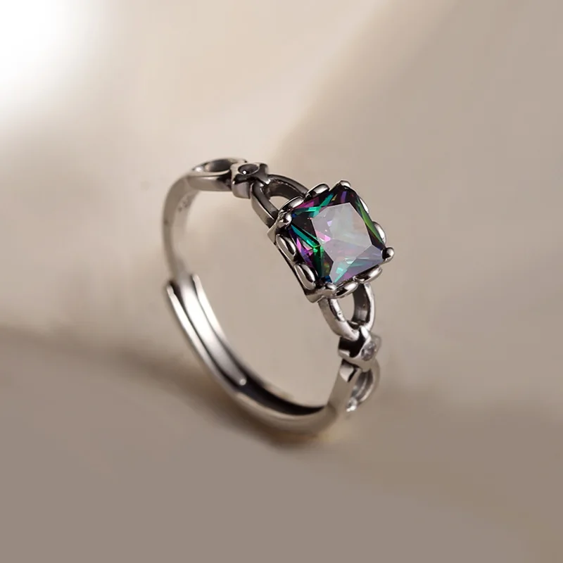 High Quality Elegant Shiny Square Colorful CZ Zircon Star Thai Silver Ladies Finger Ring Promotion Jewelry For Women Gifts