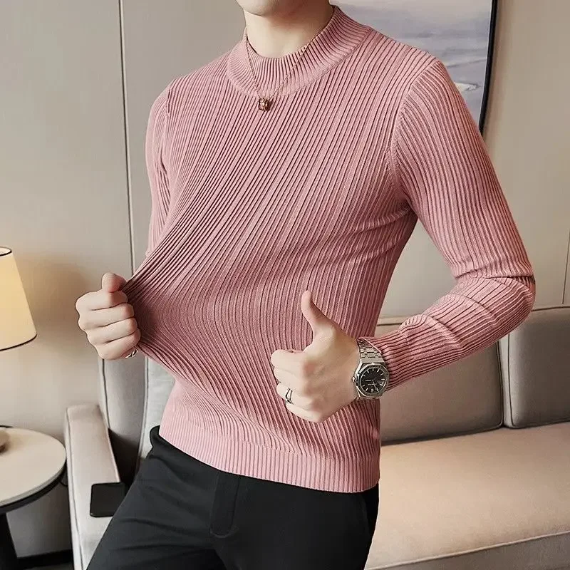 Trend Fashion Autumn Winter New T-shirt Men Mock Neck Simplicity Casual Long Sleeve Slim Pullovers Knittd Bottoming Shirt Tops