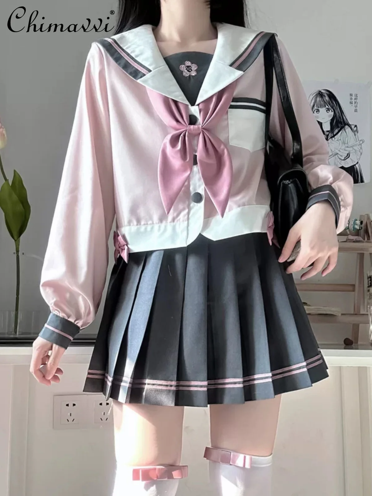 

Original Sailor Suit Jk Uniform College Style Long-sleeved Lapel Top Short Skirt 2-piece Set 2024 Autumn New Student Outfits