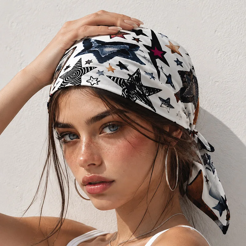 Y2K Sweet Cool Style Graffiti Star Bandana Headscarf Women Novelty Hair Tie Headwear Photo Atmosphere Wrap Silk Scarf