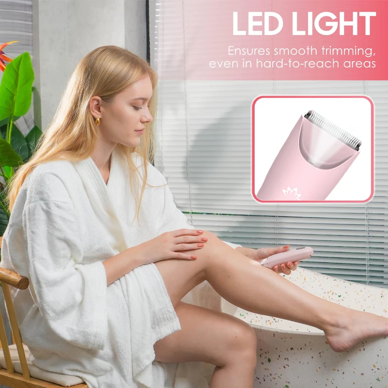 Recortador de bikini para mujer, pelos pubianos, maquinillas de afeitar eléctricas indoloras, afeitadora recargable para mujer, resistente al agua IPX7 para vello corporal (rosa)