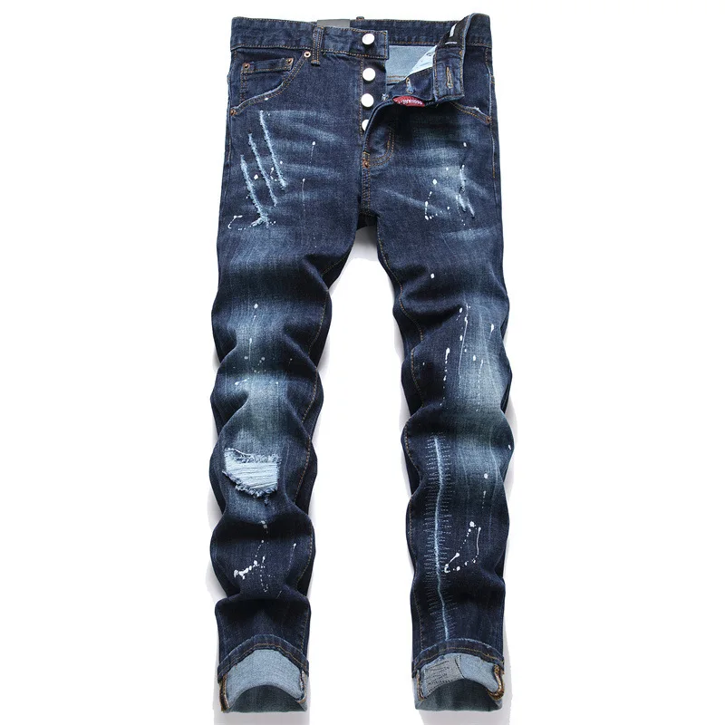 Neue Mode Männer High Street Strench Fit Jeans Blau Zerrissene Streetwear Denim Jeans Qualität Männlich Dünne Lange Jeans Hosen Größe 38