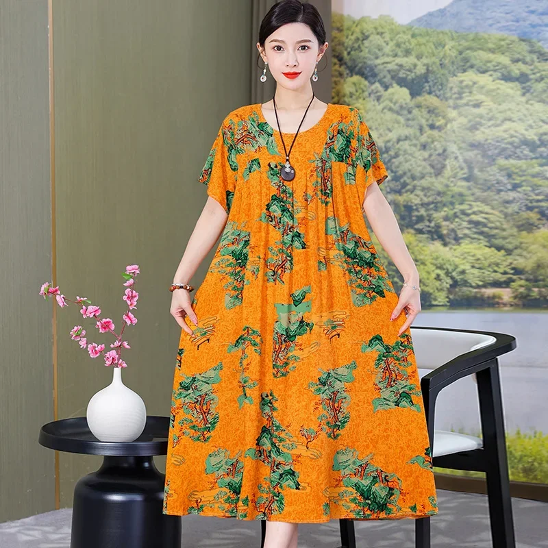 loose dress korean style Middle Aged Women's Elegant Dresses 2024 New Summer Vintage Print Long for Women Summer Clothes korean long dress outfit
