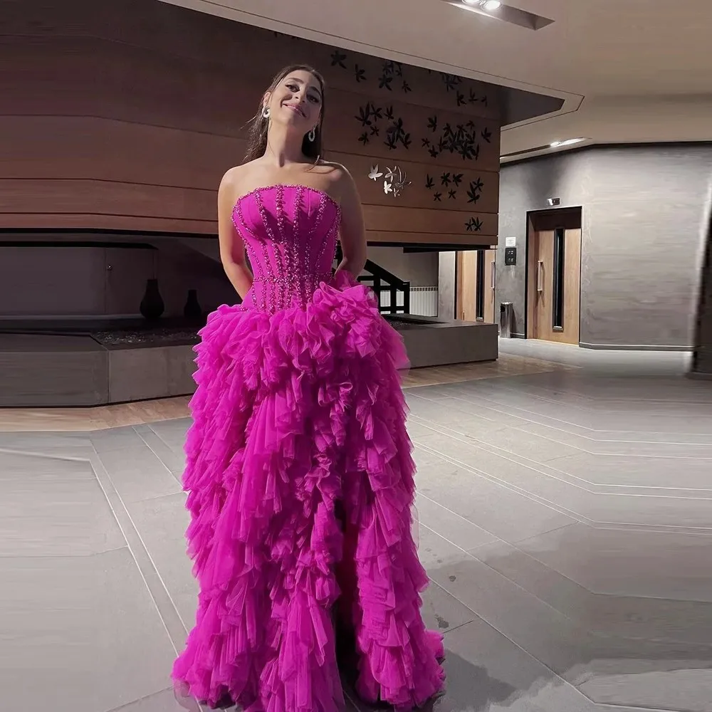 

Вечернее платье Yong Girls ЗнаменитостиДень рождения платья Новогодние платья цвета фуксии для выпускного вечера без бретелек многоуровневые оборки пышные высокие разрезы