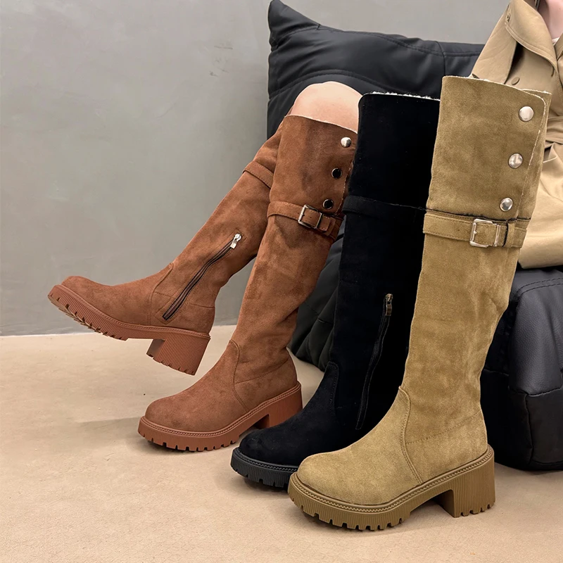 Winter Fur High Boots Warm Snow Boots High Heels Shoes Woman 2025 Designer New Chunky Dress Shoes Suede Chelsea Boots De Mujer #5