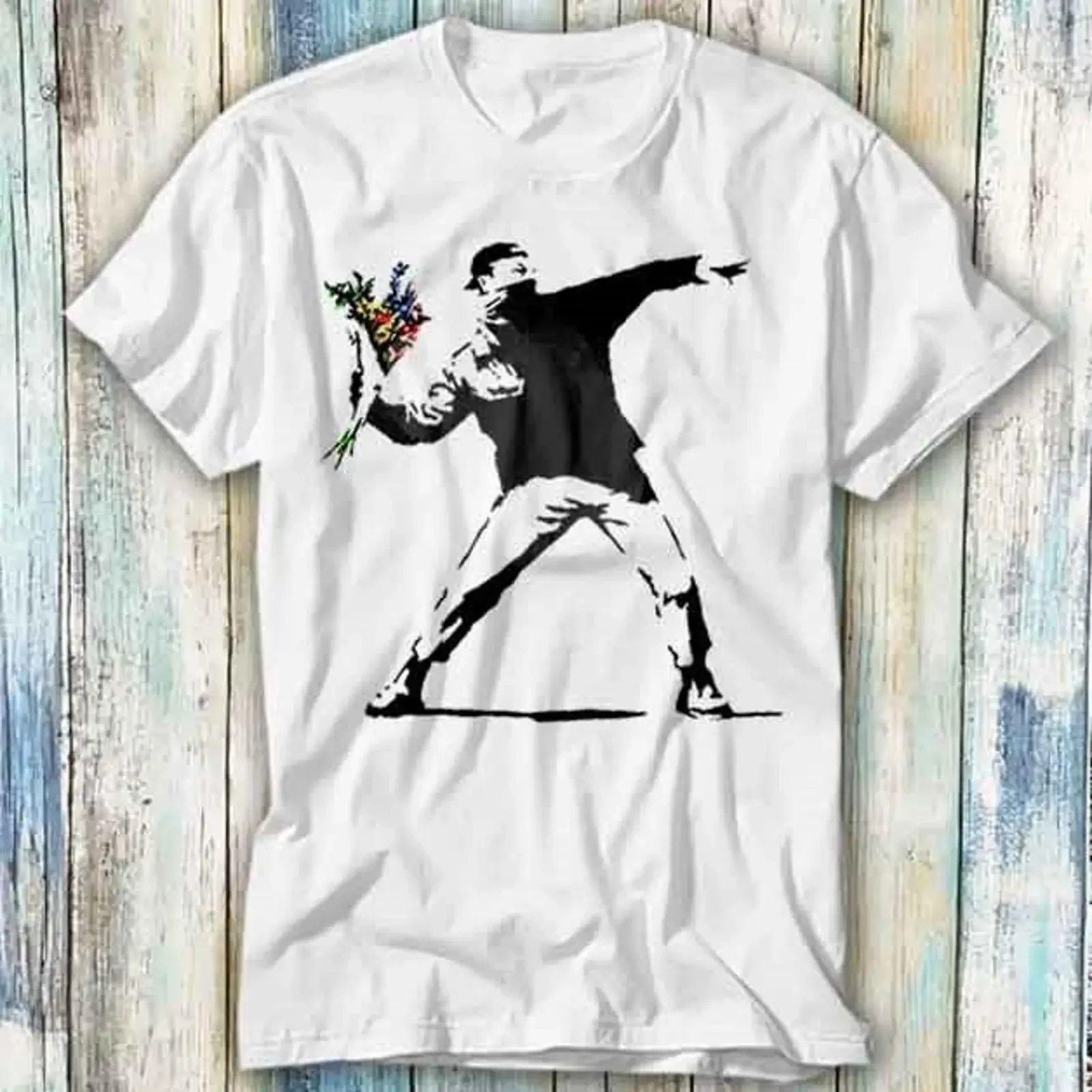 Banksy Flower Thrower Hipster T Shirt Meme Funny Top Style Gamer Movie Music 686 vintage Washed Unisex fashion Slightly graphic