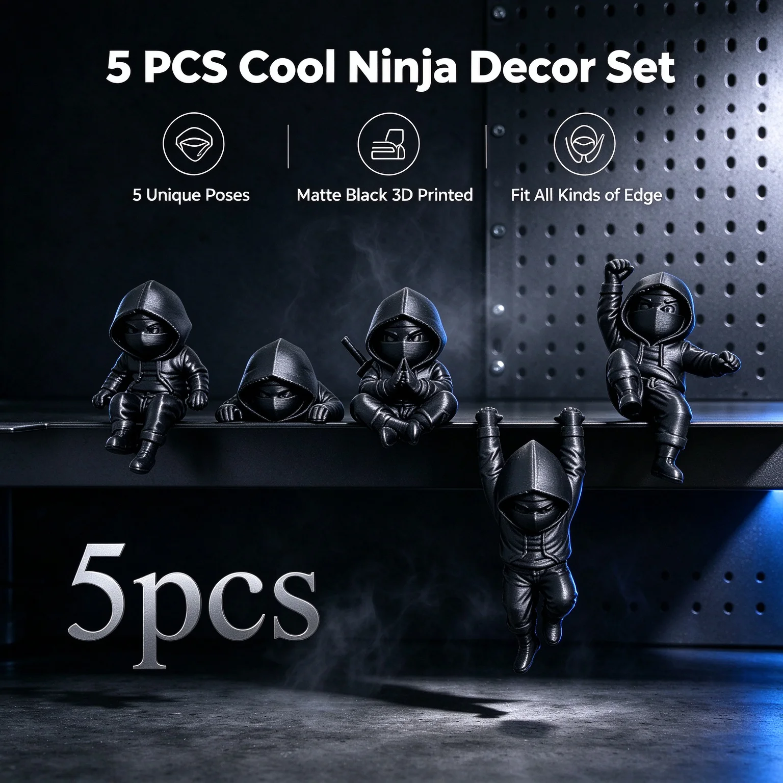 5pcs Ninja Decoration Action Pose Set Desktop Ornament Figures for Bookshelf Shelves Monitor Tops Computer Screens