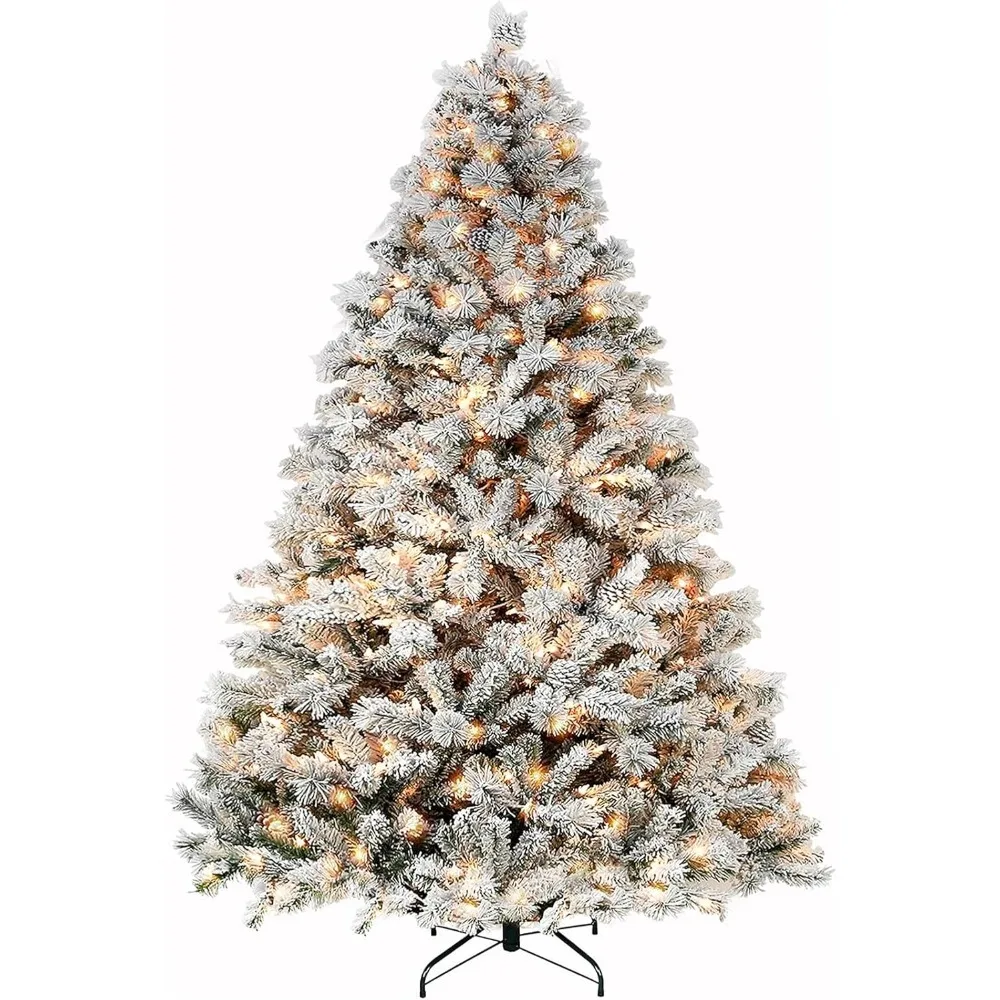 

6.5 ft Artificial Snow Flocked Christmas Tree with Pine Cones, 250 Warm White Lights, Metal Stand and Hinged Branches.