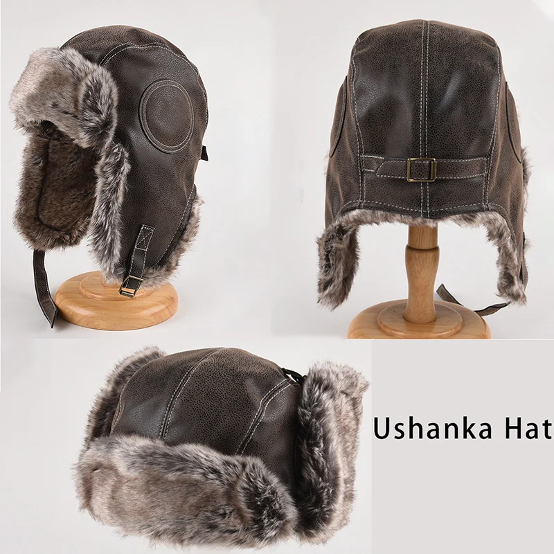 New Winter Faux Leather Thick Authentic Ushanka Hat Plush Fleece Flip-Up Ear Flaps Men Motorcycle Trapper Hat Women Aviator Cap