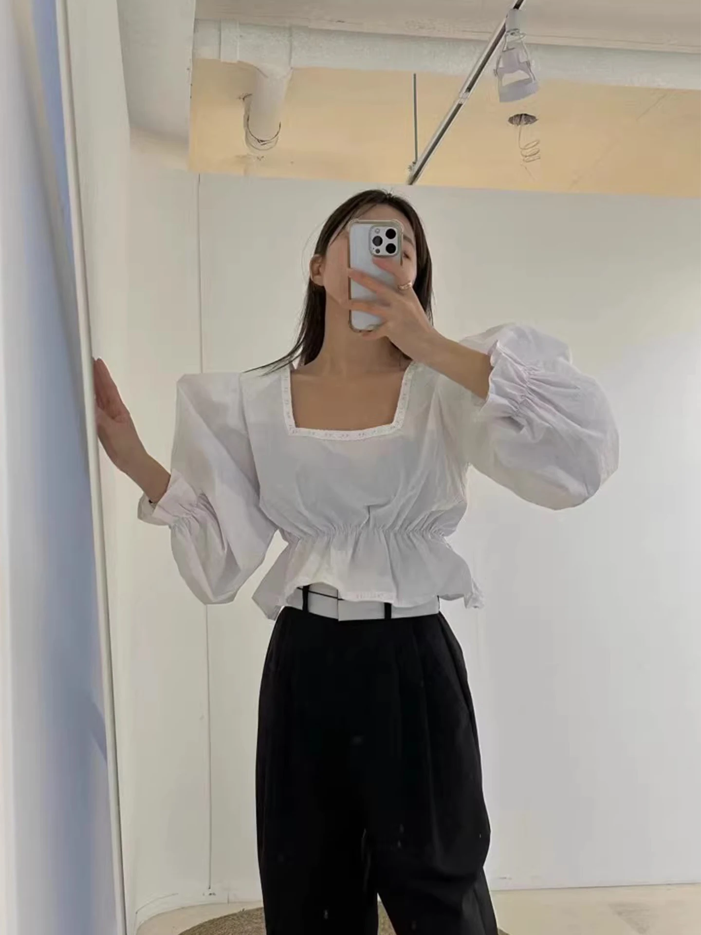 

Pure Color Square Collar Ruffle Sve irt Women's Spring New Sle Ele Versatile Waist Cinched Long Sve Blouse