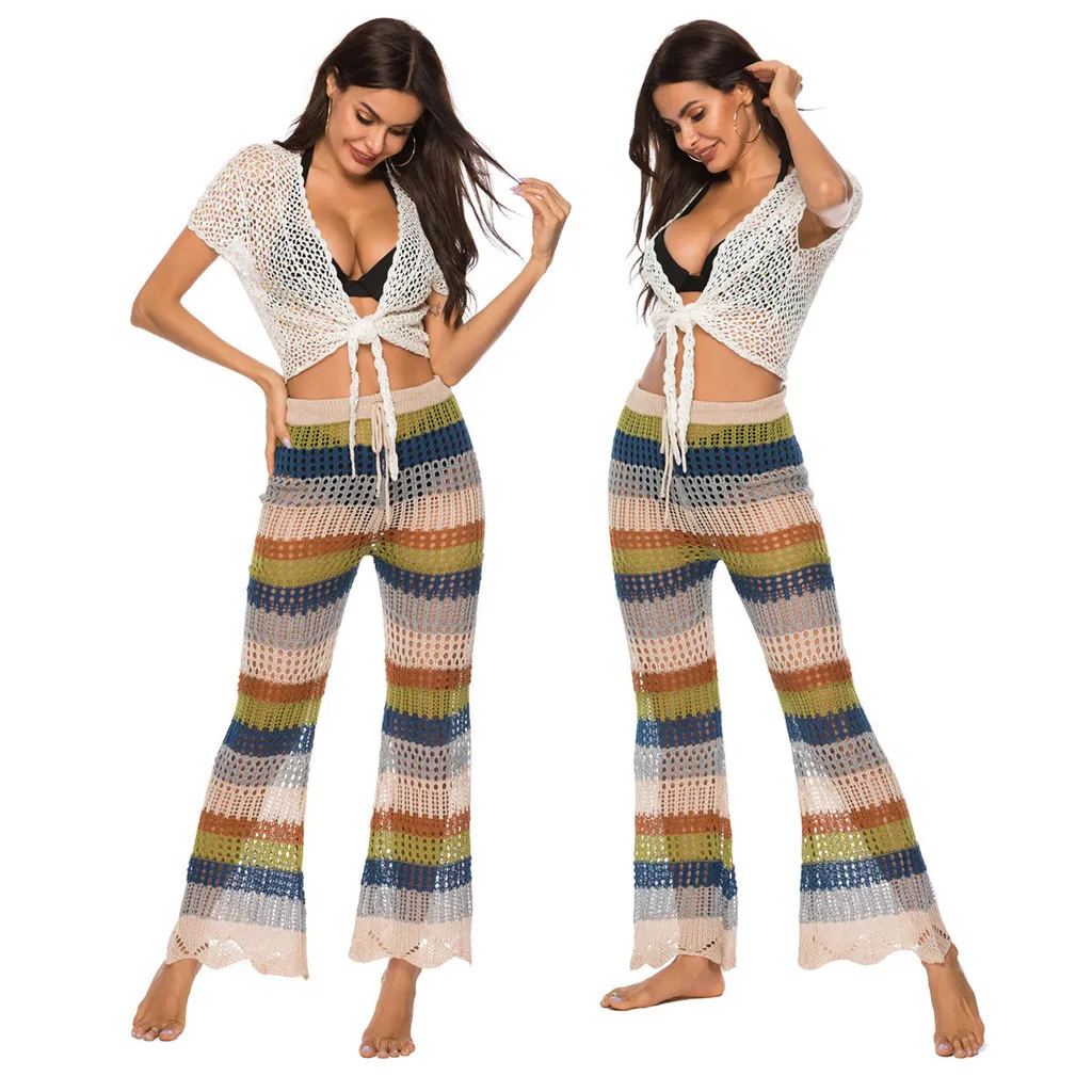 Sexy Hollow Fishnet Wide Leg Pants Women Clothes Women's Summer Beach Knitted Hollow Pants Perspective Crochet Straight Pants