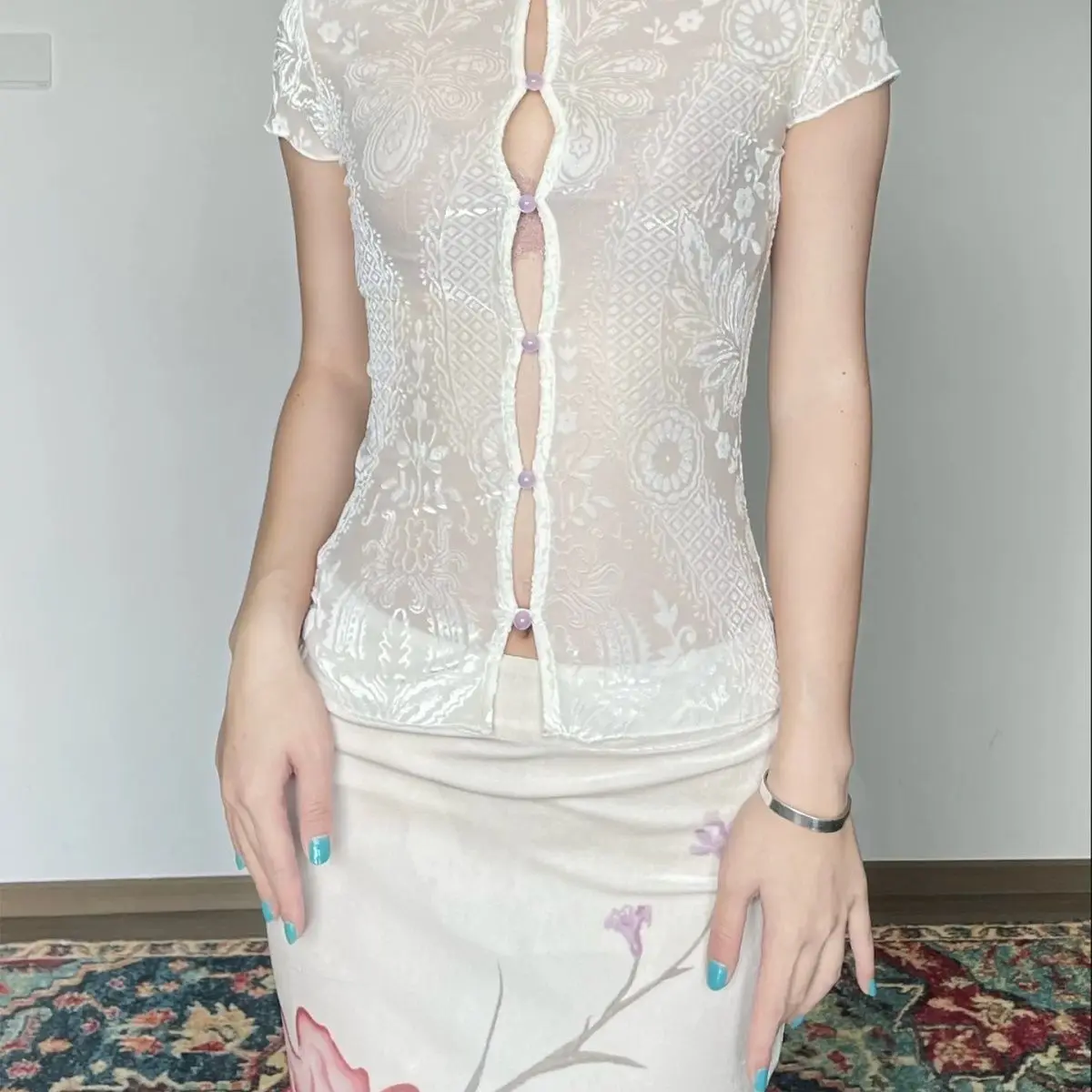 Vintage Y2K Elegant Embroidery Top Women Casual Reversible Clothes Two Ways Short Sleeve Slim Fit Sweet Girl Women Aesthetic Top