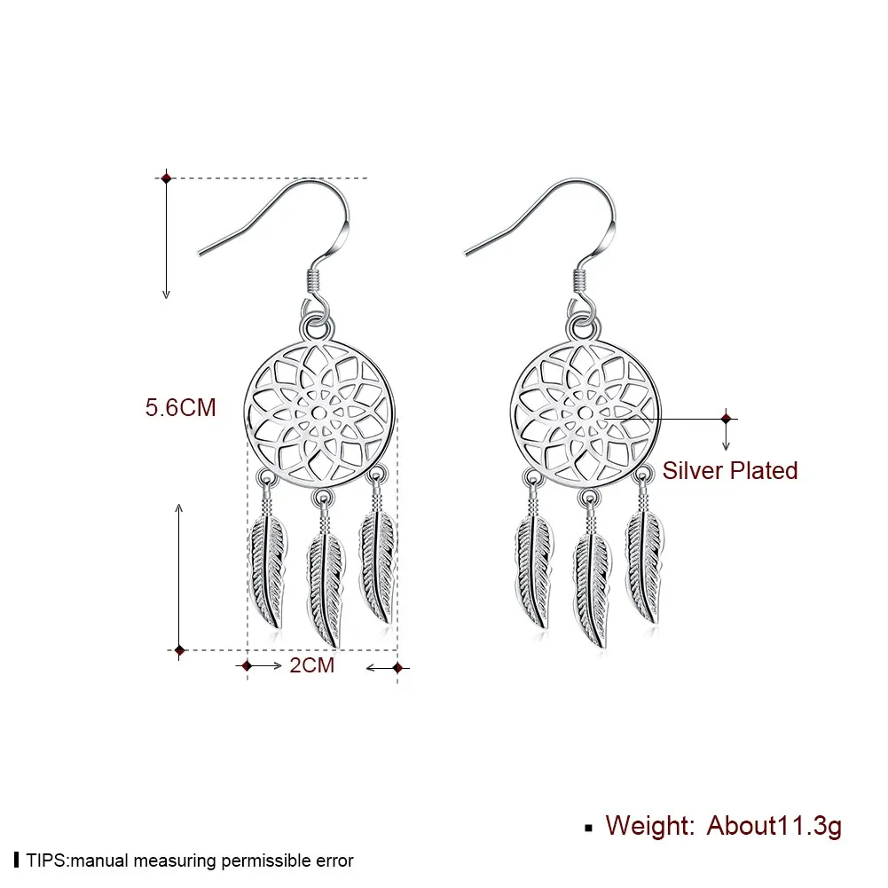 Fine cute 925 Sterling Silver fine Dream catcher feathers earrings for woman fashion designer party wedding Jewelry gifts