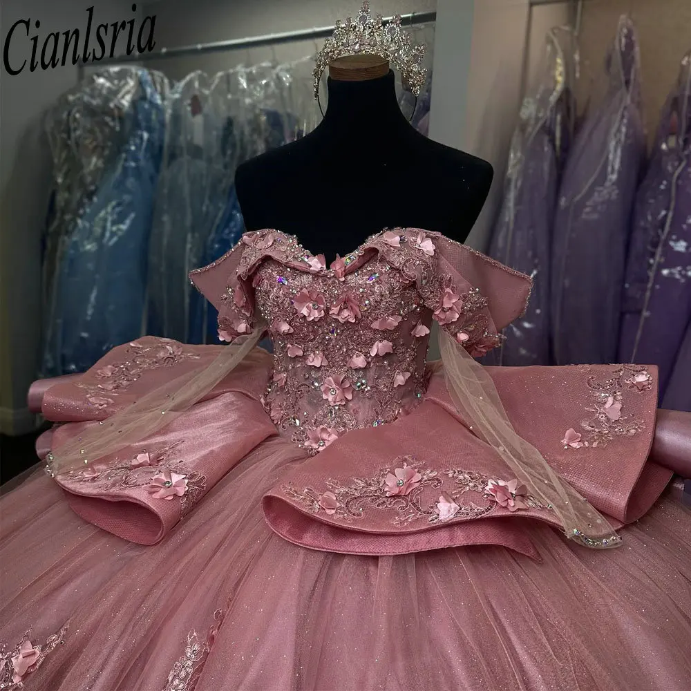 Vestido De baile De quinceañera con cuentas De cristal rosa, vestido De quinceañera 3D con flores, apliques De encaje con volantes, corsé, 15 Años