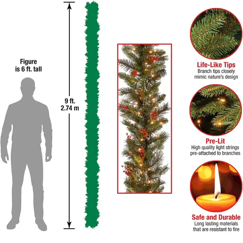 6FT/9FT عيد الميلاد الفاكهة الحمراء مضيئة الروطان المواد البلاستيكية الإضاءة الإضاءة الجنية الصنوبر الموقد درج الباب ديكور الطوق