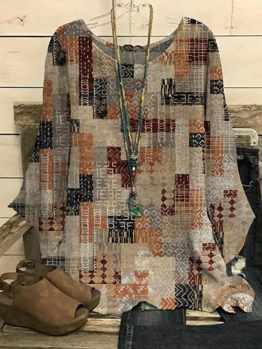 

Women's Autumn Casual Daily Wear Patchwork Print Blouse Batwing Sleeves and Relaxed Fit Top