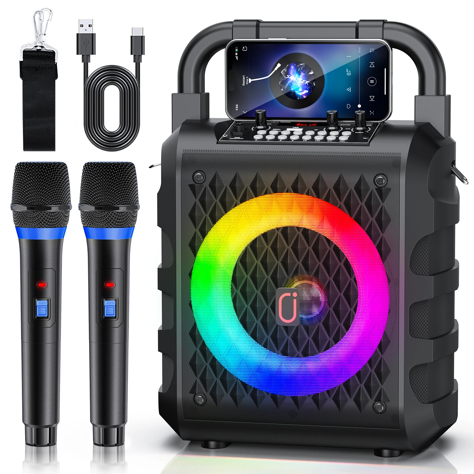 Altoparlante Wireless T18, Speaker Bluetooth Portatile con Microfono e Luce LED, Sistema Karaoke Domestico