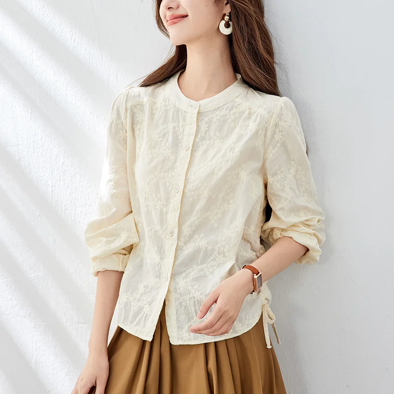 Ele puro algodão longo sve redondo ne bordado irt feminino faion outono wear nova sle ladylike blusa de algodão