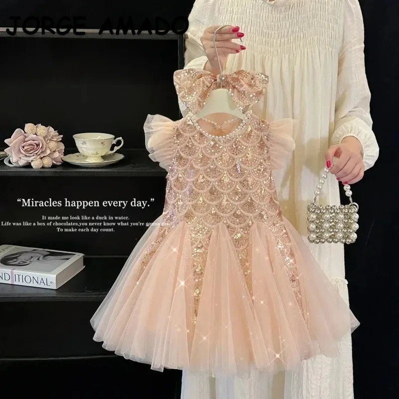 Mädchen Geburtstagsparty Prinzessinnenkleid O-Ausschnitt Trompetenärmel Paillettenbesetztes Mesh-Kleid für Bühnenauftritte Hochzeit S3069-2
