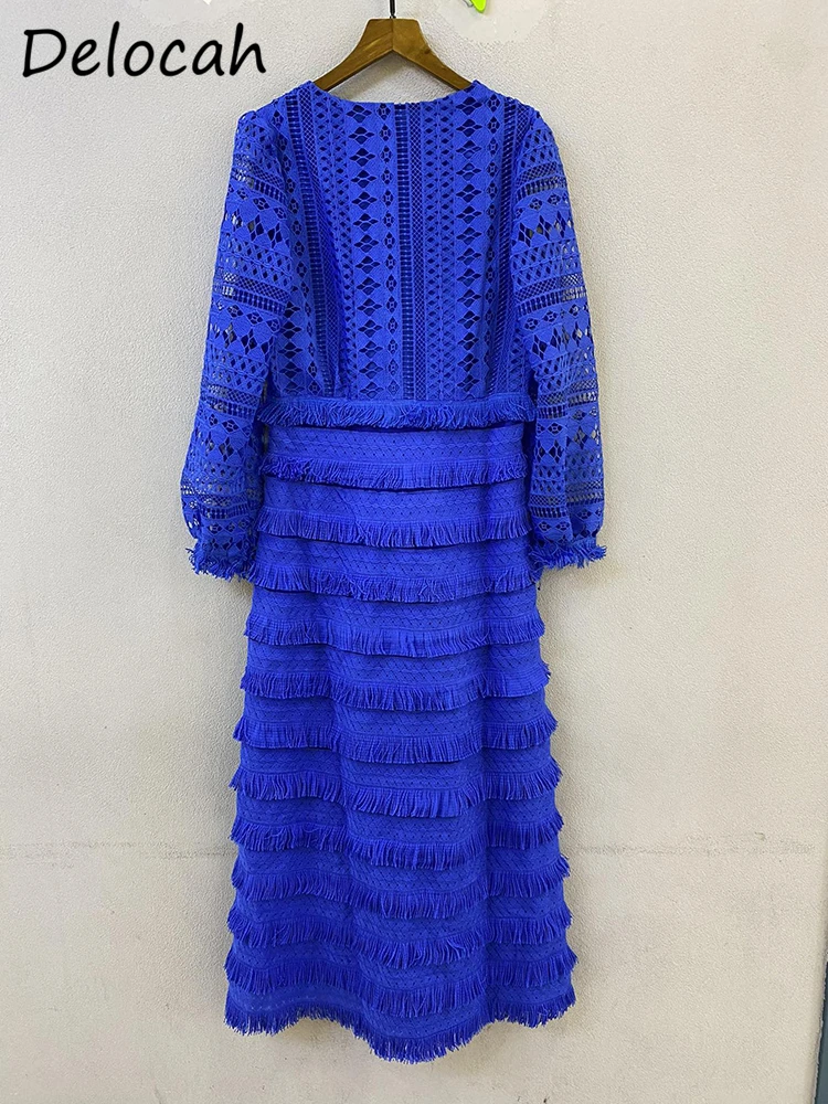 Delocah – robe de soirée mi-longue pour femmes, de haute qualité, à manches lanternes, bleu, ajouré, avec pompon, garniture de gâteau, automne