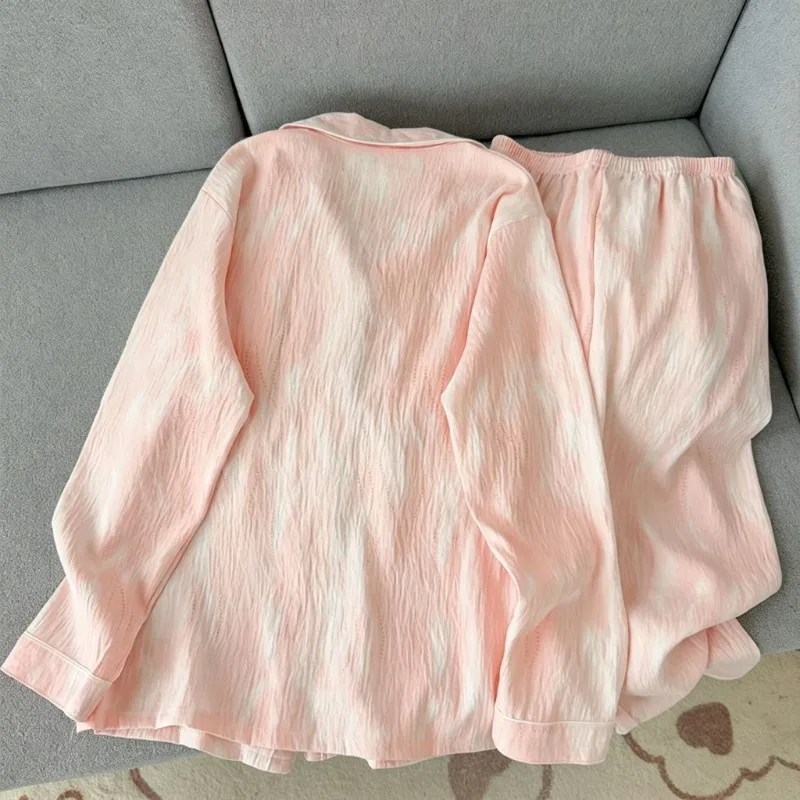 Cute Puppy Embroidery Tie‑Dye Pajama Set Women Spring Autumn Lapel Button‑Up Long Sleeve Pants Soft Home Sleepwear Loungewear
