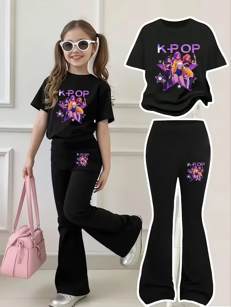 Tenue noire et violette tendance pour filles de 4 à 12 ans : T-shirt à manches courtes et pantalon é