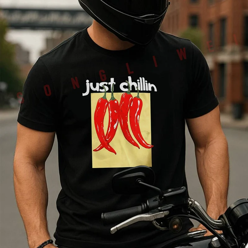 

Just Chillin Chili Pepper Motorcycle T-Shirt Cotton Cute Men T Shirts Summer Casual Short Sleeve Round Neck Tees