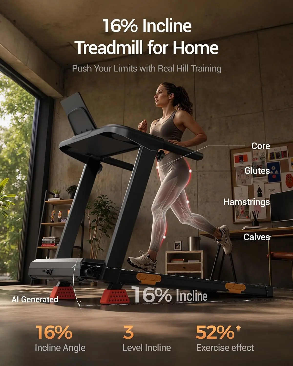 16% Incline Foldable Treadmill for Home, Portable Walking Machine with Handle, Quiet Pad, 400 LBS Capacity, 3 Screen, Customized