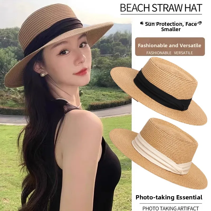 Été nouveau 2025 femmes chapeau de soleil plat haut St plage sable plage chapeau visage minceur crème solaire casquette décontracté noeud chapeau