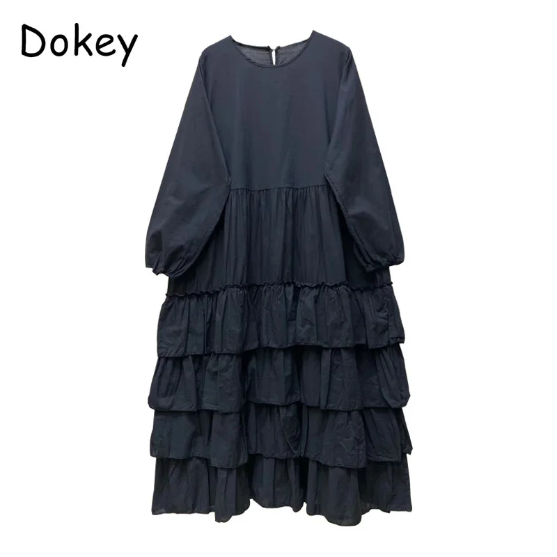 Vintage Ruffled Cake Cotton Linen Dress Women Spring Japanese Mori Girl O-Neck Long Sleeve Loose Long Dress Casual Vestido Mujer