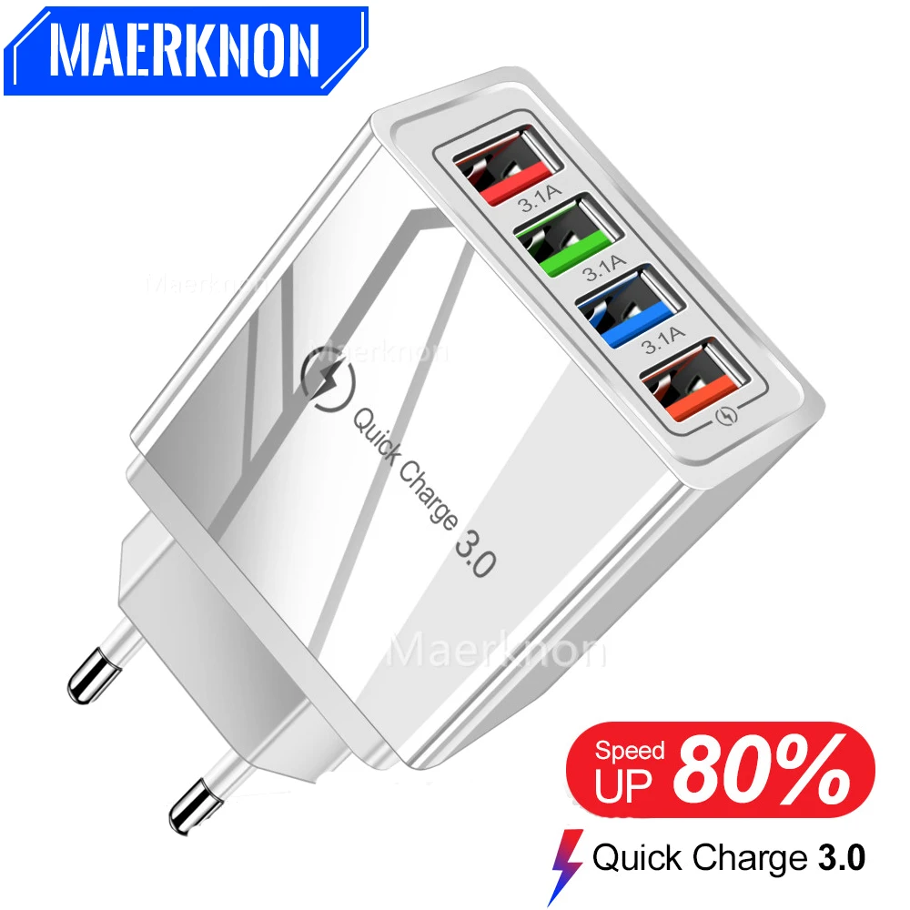 48W USB Mobile Phone Charger QC 3.0 4 Ports Fast Charging Power Adapter Travel For iPhone 14 13 Pro Max Samsung Huawei P50 P40