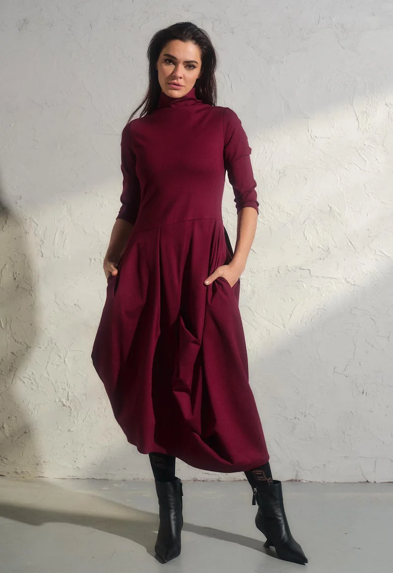 

Women's Vintage Plus Size Dress Turtleneck Solid Burgundy Long Sleeve Casual Asymmetric Hem Pockets Ruched Autumn Dresses 2025