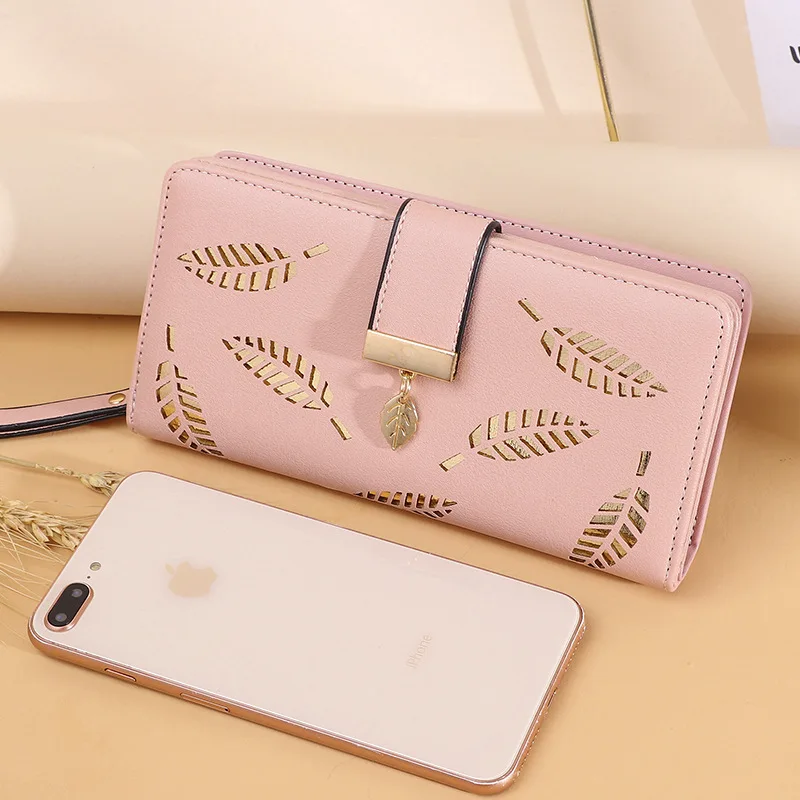 Women\'s Fashion Long Zipper Wallets   PU Leather Hollow Leaves Pouch  Handbag   Multi-layer Phone Bag Coin Purse Cards Holder