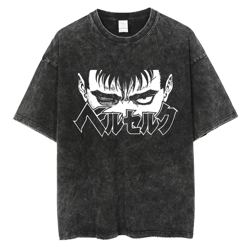 

Berserk Japanese Anime Printed Washed T-shirt Men and Women Retro Fashion Street Style Oversized Summer Short Sleeve Tops Unisex