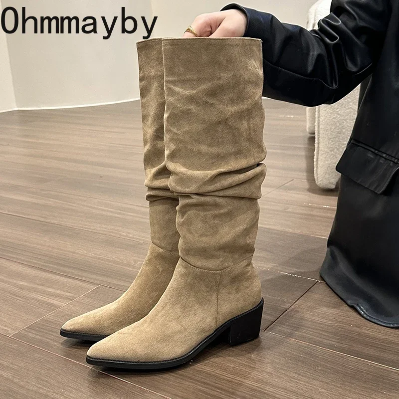 Pointed Toe Women Denim Western Cowgirl Boots Fashion Slip On Long Boots Square Heels Autumn Winter Ladies Shoes