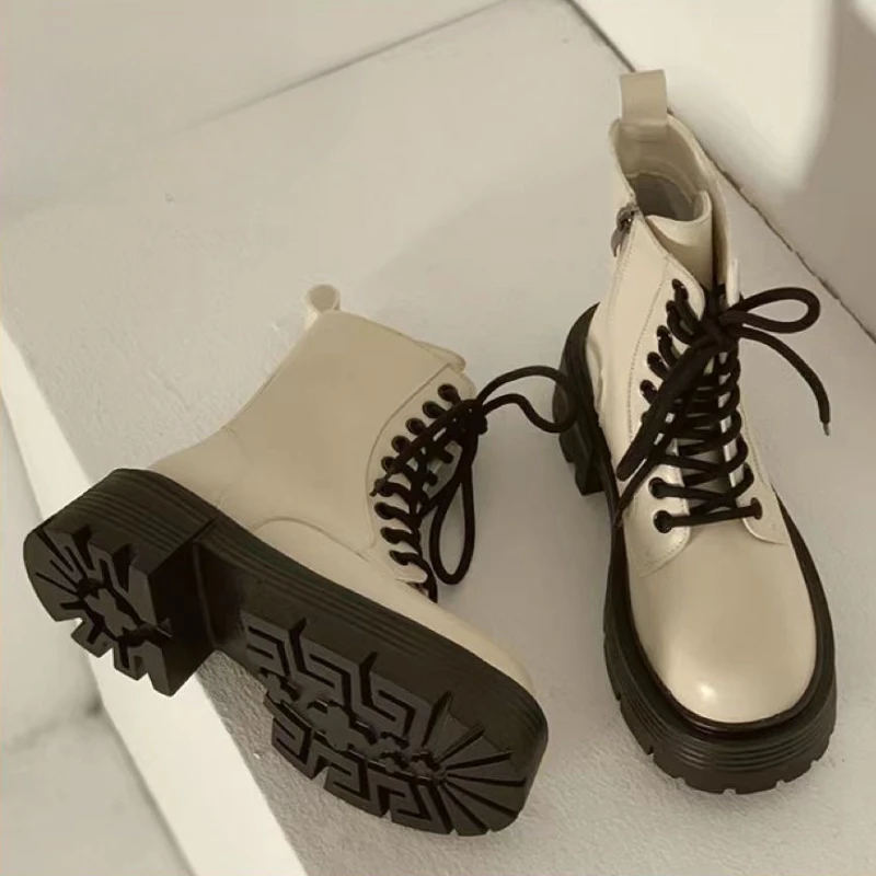 British Style Autumn Platform Shoes for Women Fashion Lace Up Round Toe Ankle Boots for Women Chunky Heel Ladies Short Boots