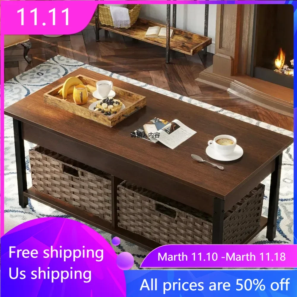 

Lift Top Coffee Table With Hidden Storage Compartment and 2 Rattan Baskets Living Room Table Furniture Dining Tables Café