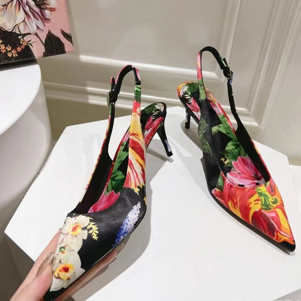 Sexy Printed Fabric with Pointed Back and Empty, Fashionable Temperament Fashionable High Heels, Single Shoes for Women