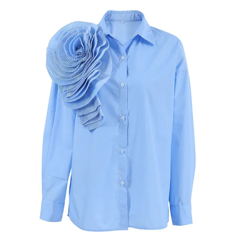 Women's Summer Clothes French Lapel 3D Flower Decor for Elegant Shirt 2024 Temperament Commuting INS Women Loose Fashion Blouses