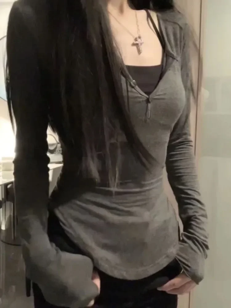 

Осень 2022, новые топы с v-образным вырезом Mujer Y2k, гранж, облегающая футболка с длинными рукавами, модная сексуальная универсальная футболка для женщин