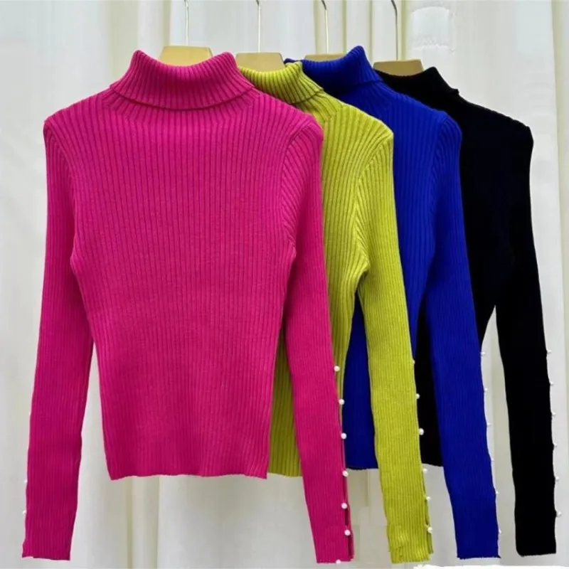 OCEANLOVE Turtlneck Women Sweaters Solid Autumn Winter Hollow Out Pullovers Vintage Fashion Beading Basics Sueteres Mujer