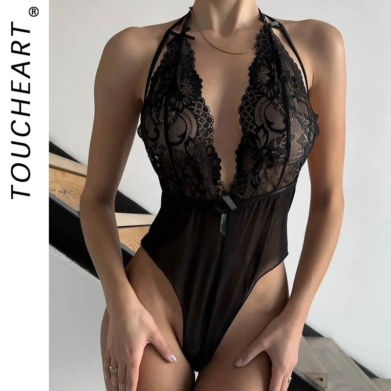

Toucheart Lace Sexy Bodysuit Skinny See-through Hollow Bow Knot Lace Up Interesting Sling Pajamas Women Mesh Cute Seductive Set