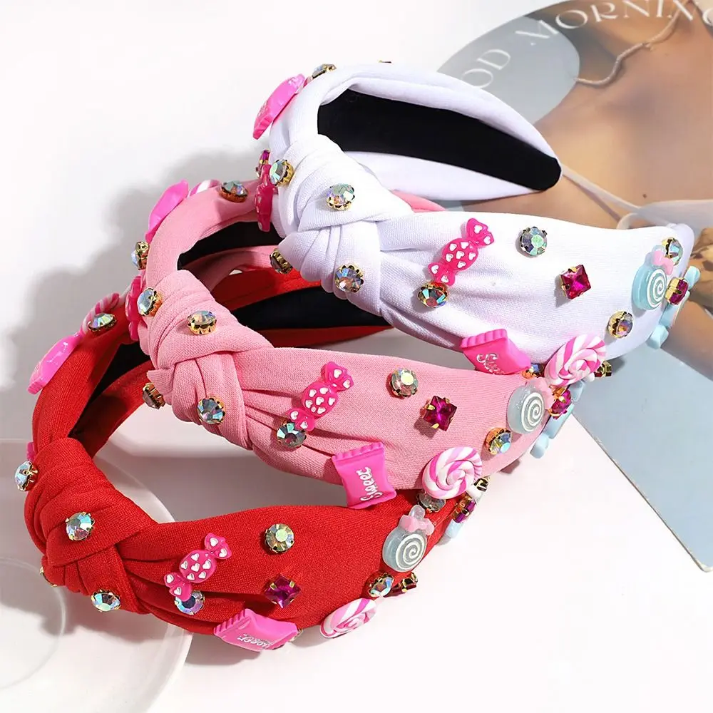 Vintage Hot Pink Headbands for Women Jeweled Beaded Candy Love Rhinestone Hairband Knot Birthday Gifts