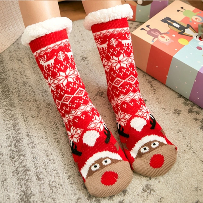 Women Christmas Fuzzy Slipper Socks with Grippers Cartoon Elk Clown Santa Thicken Fleece Lined Winter Thermal Non-Slip Knit