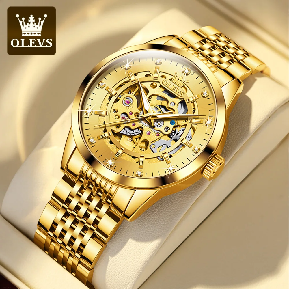 OLEVS 9920 Luxury Men\'s Watches Golden Hollow DIal Automatic Mechanical Wristwatch Waterproof Luminous Watch for Man Fashion